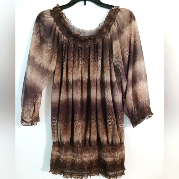 Cha Cha Vente Boho top Sheer sleeves Snake print Ruched hemline sz PS  Office - Picture 1 of 6